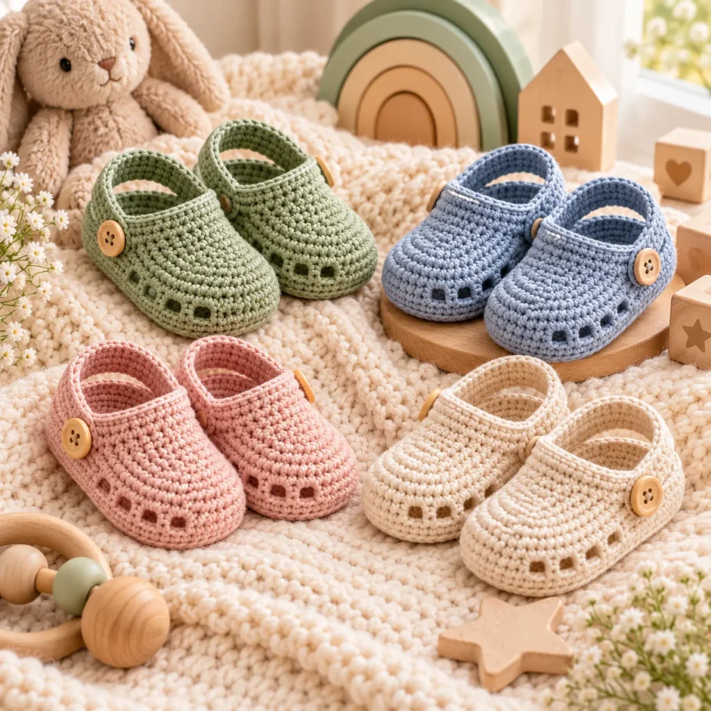Finished Crochet Baby Clogs in sage blue blush and cream