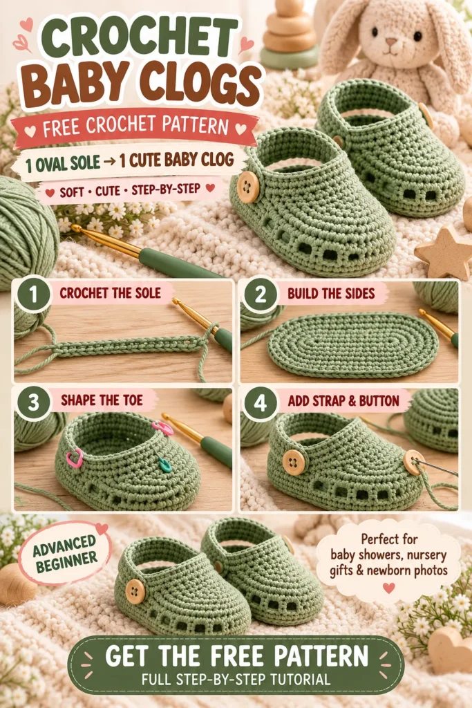 Crochet an Oval Sole, Shape It Into a Cute Baby Clog, and Finish With a Strap — Free Pattern Pin