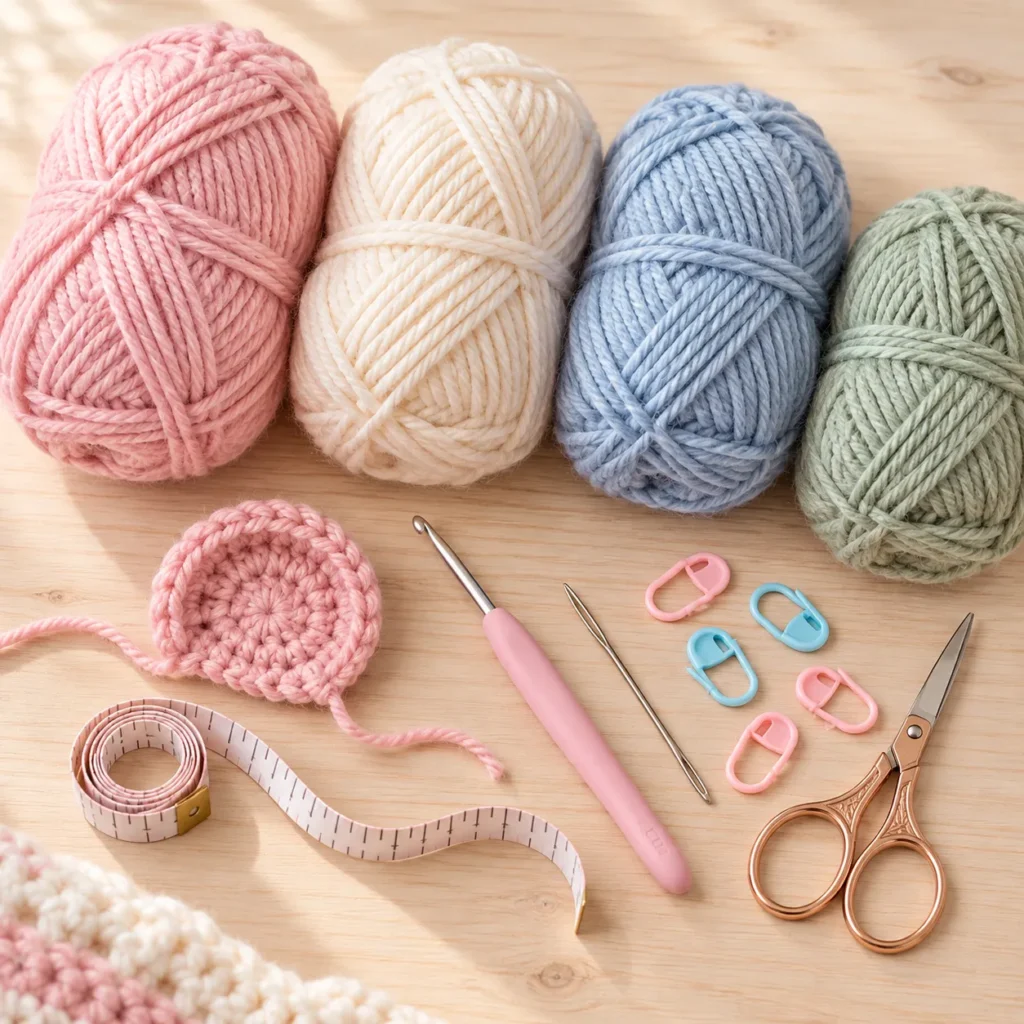 Materials for Cute Baby Hat Crochet Pattern with bear ears