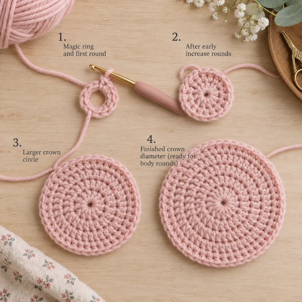 Cute Baby Hat crown crochet construction step by step