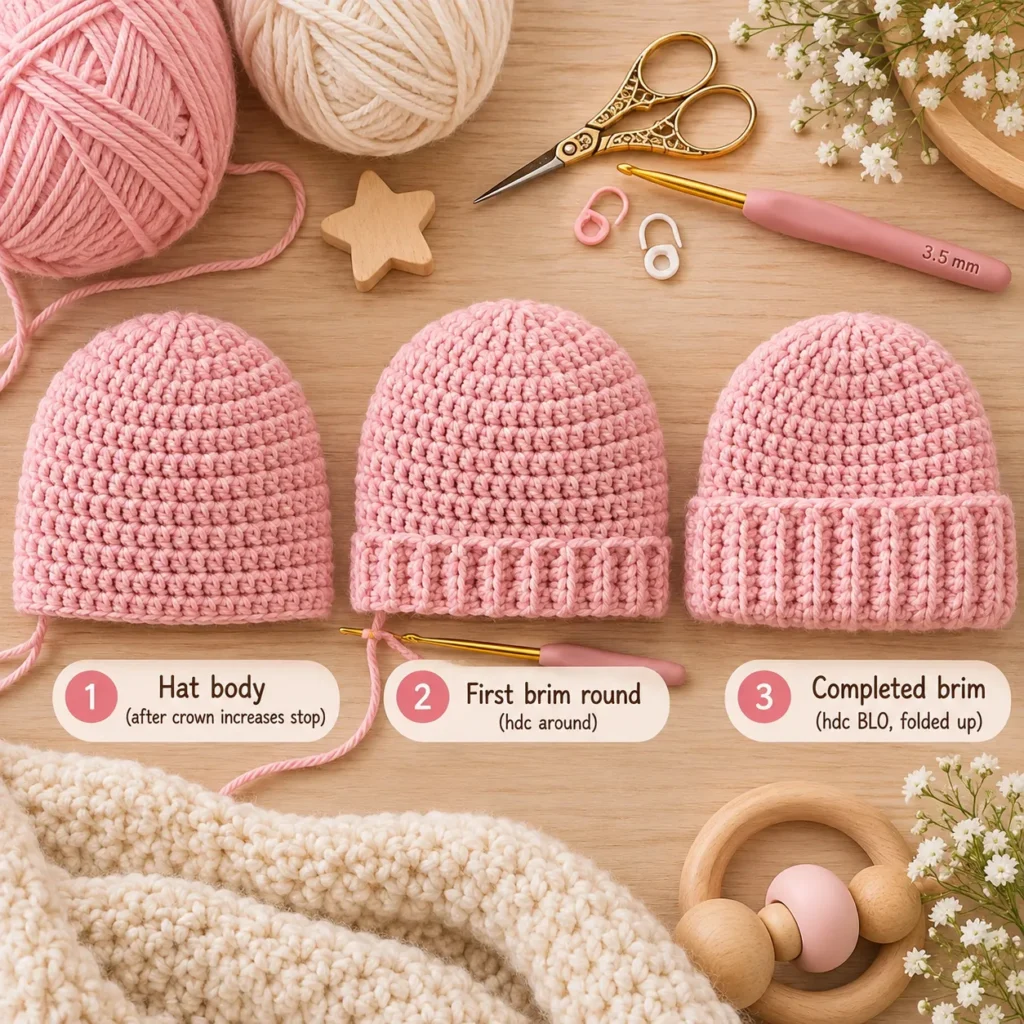 Crochet baby hat body and ribbed brim construction