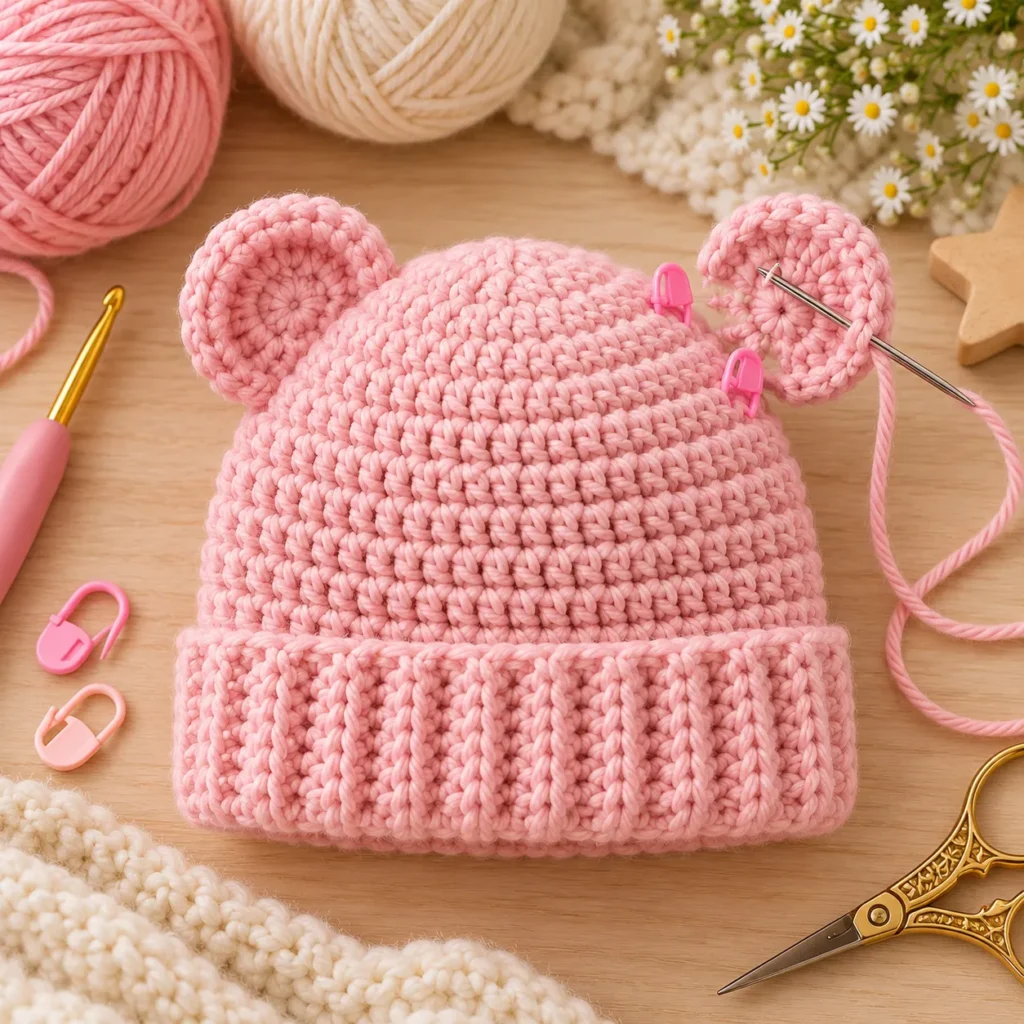 Attaching bear ears to Cute Baby Hat Crochet Pattern