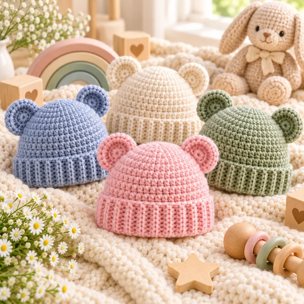 Finished Cute Baby Hat crochet collection with bear ears