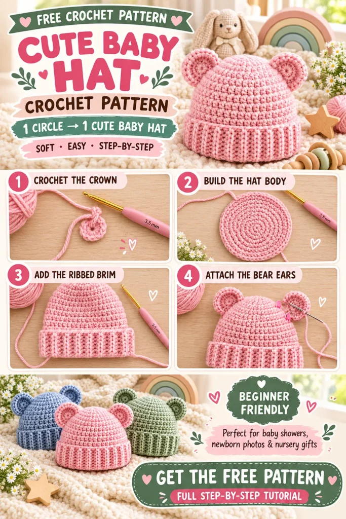 Crochet a Simple Circle, Build the Beanie, Add a Ribbed Brim and Bear Ears — Free Baby Hat Pattern Pin