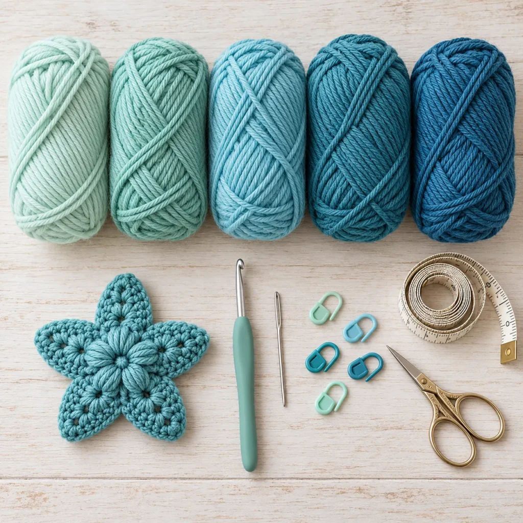Materials for Ocean Blue Starfish Baby Blanket crochet pattern