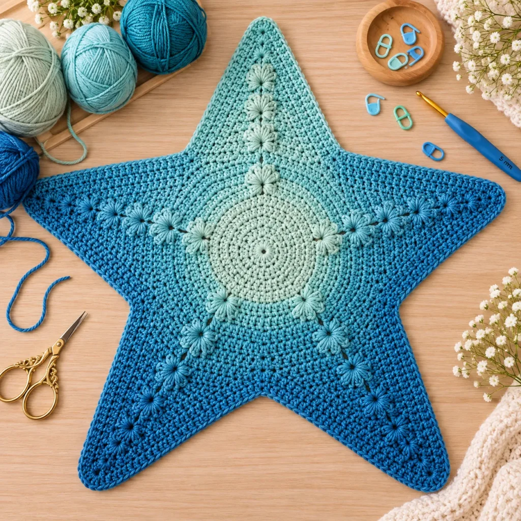 Five-point Ocean Blue Starfish Baby Blanket before edging