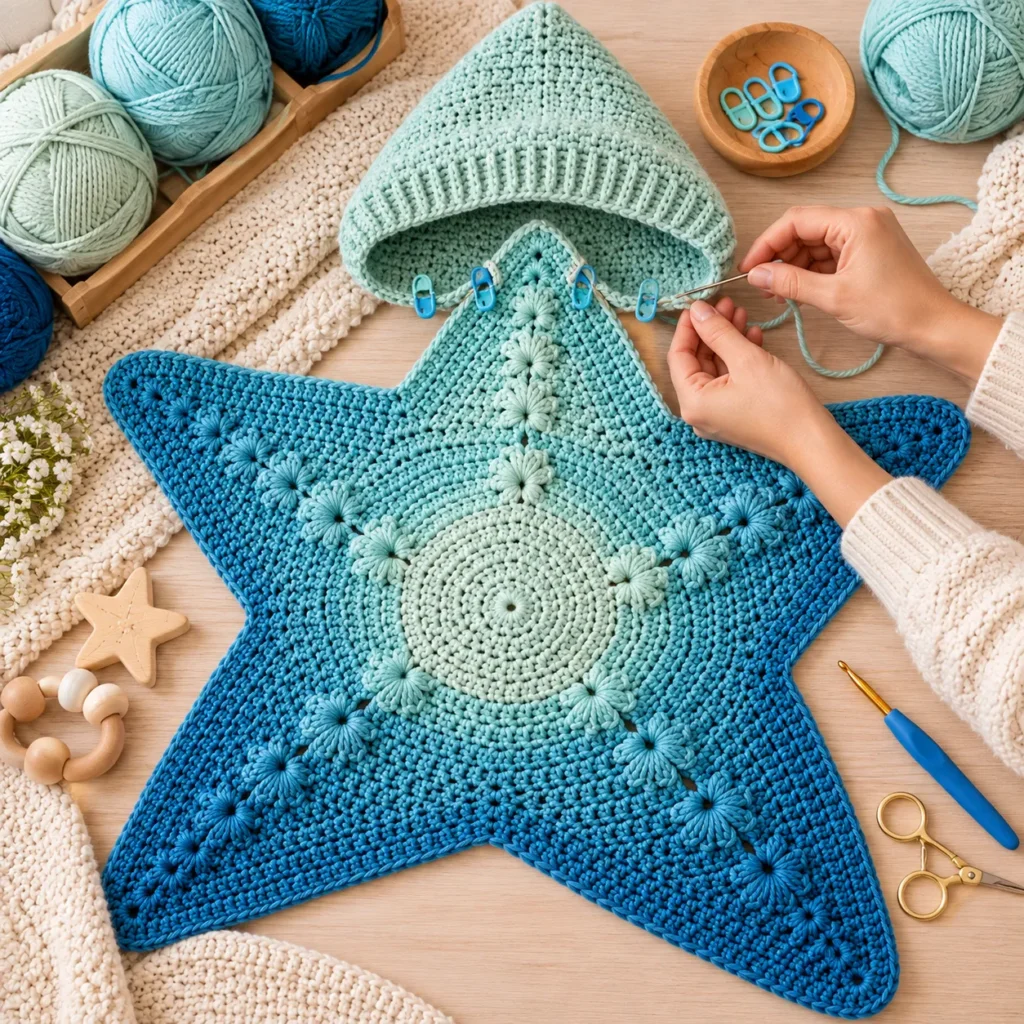 Attaching crochet hood to Ocean Blue Starfish Baby Blanket