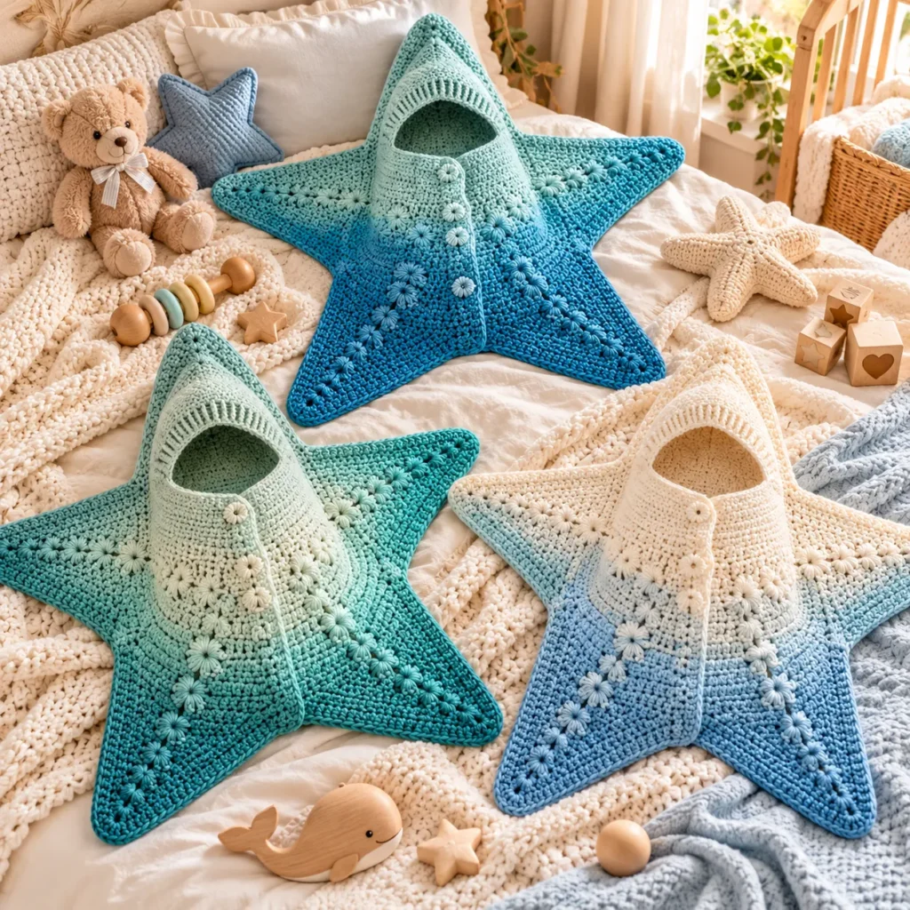 Finished ocean-inspired starfish crochet baby blankets