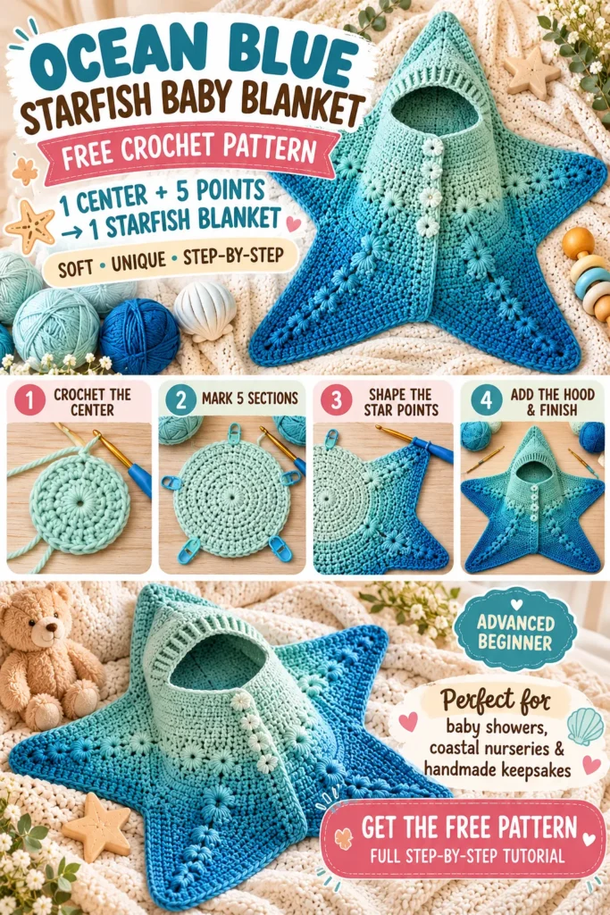 Crochet One Center, Shape Five Points, and Create a Beautiful Ocean Starfish Baby Blanket — Free Pattern Pin
