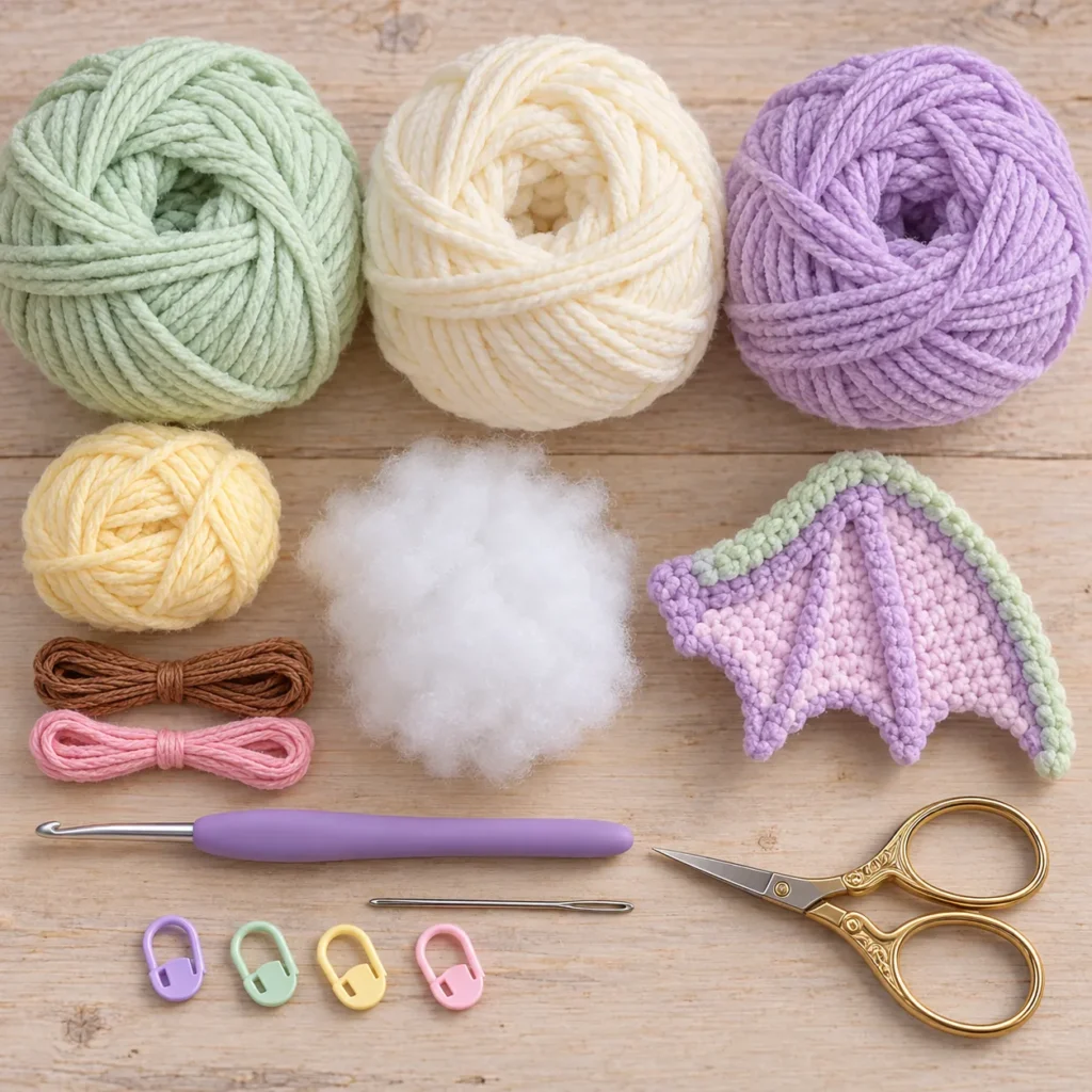 Materials for Baby Dragon Crochet Pattern in mint and lavender