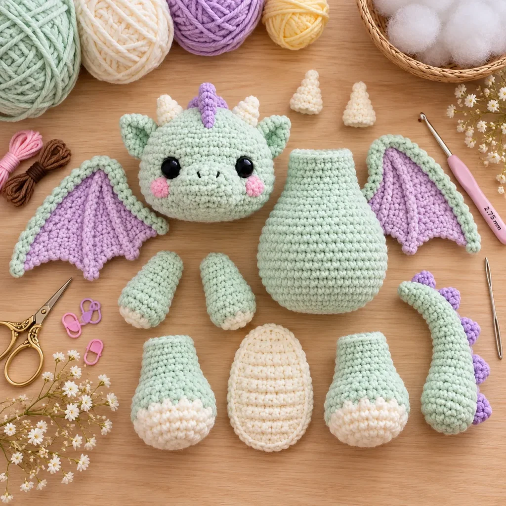 Baby Dragon crochet body parts wings horns and tail before assembly