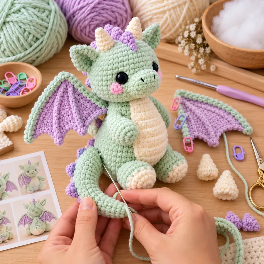Assembling mint and lavender Baby Dragon Crochet amigurumi