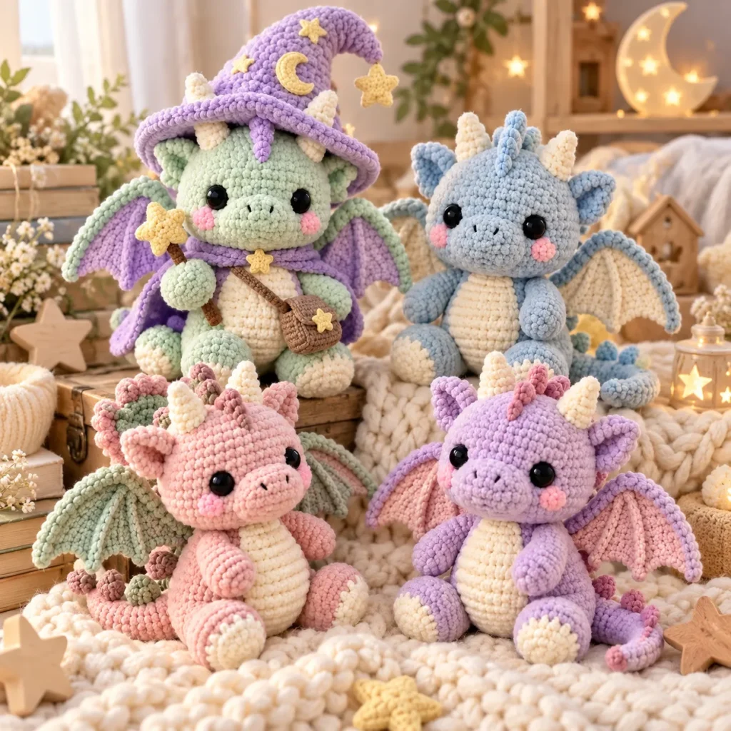 Finished Baby Dragon Crochet amigurumi collection in pastel fantasy colors