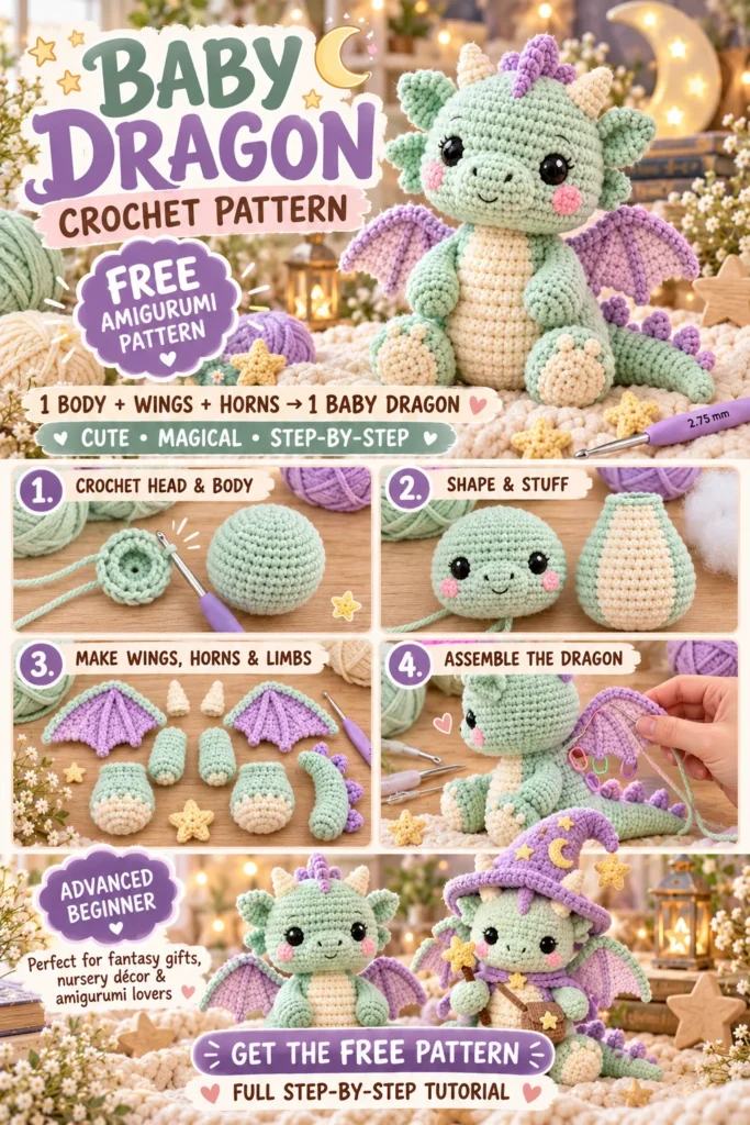 Crochet a Cute Baby Dragon From Simple Amigurumi Pieces — Free Step-by-Step Pattern Pin