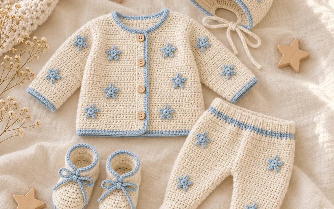Blue Star Crochet Baby Set with Bonnet and Booties – Free Baby Set Pattern