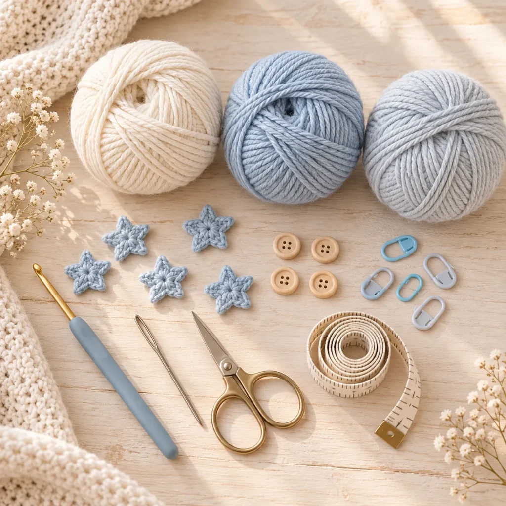 Materials for Blue Star Crochet Baby Set with cream and blue yarn