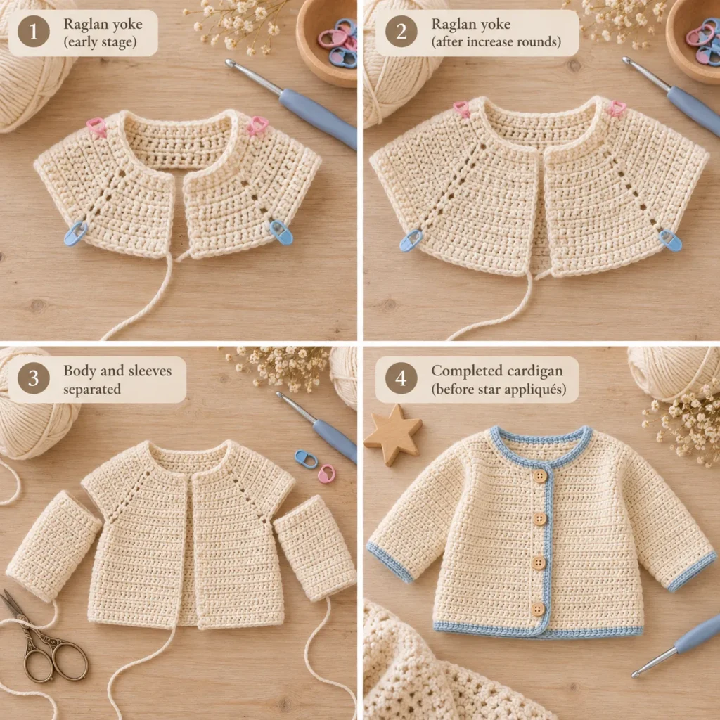 Blue Star baby cardigan crochet construction step by step
