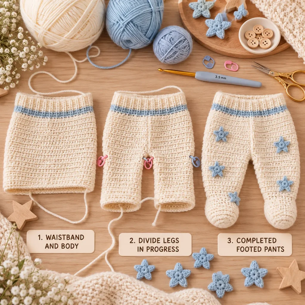 Crochet baby footed pants with blue star details
