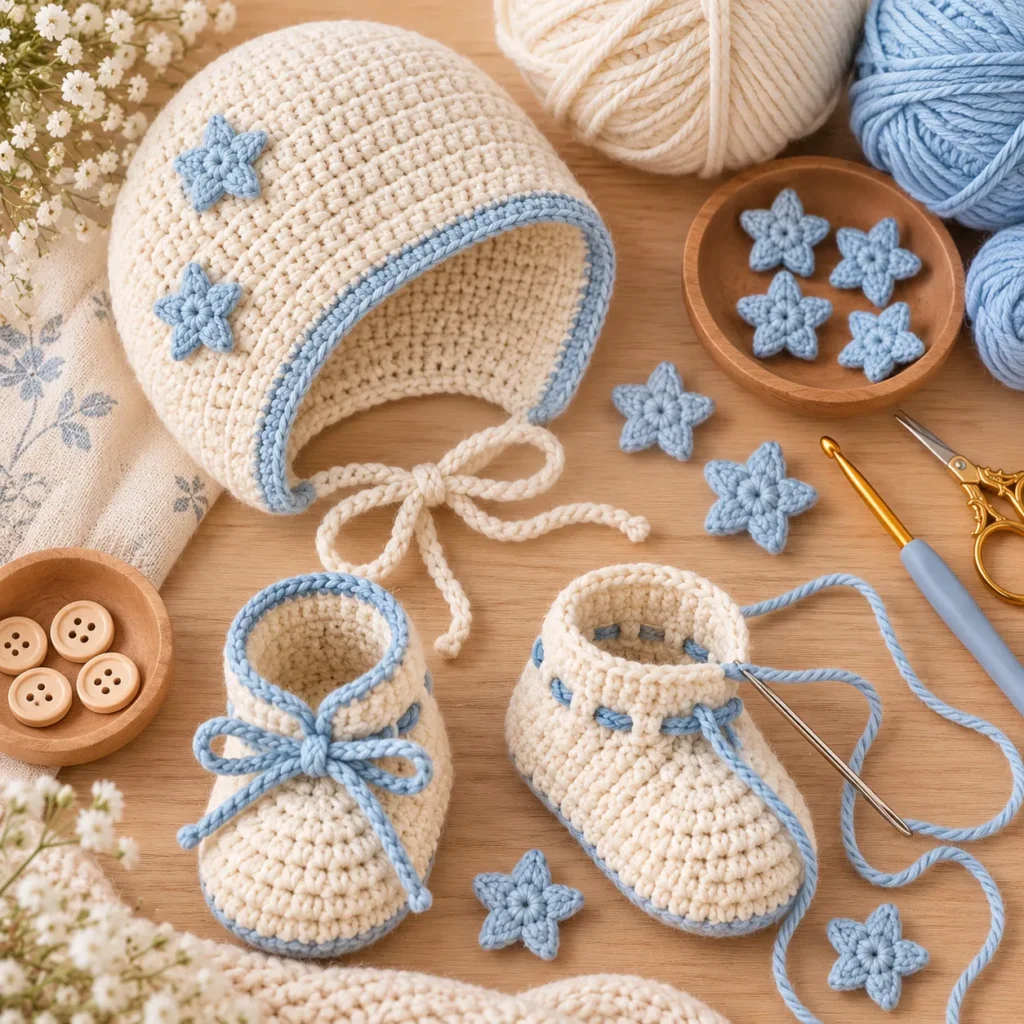 Crochet bonnet and booties from Blue Star Baby Set