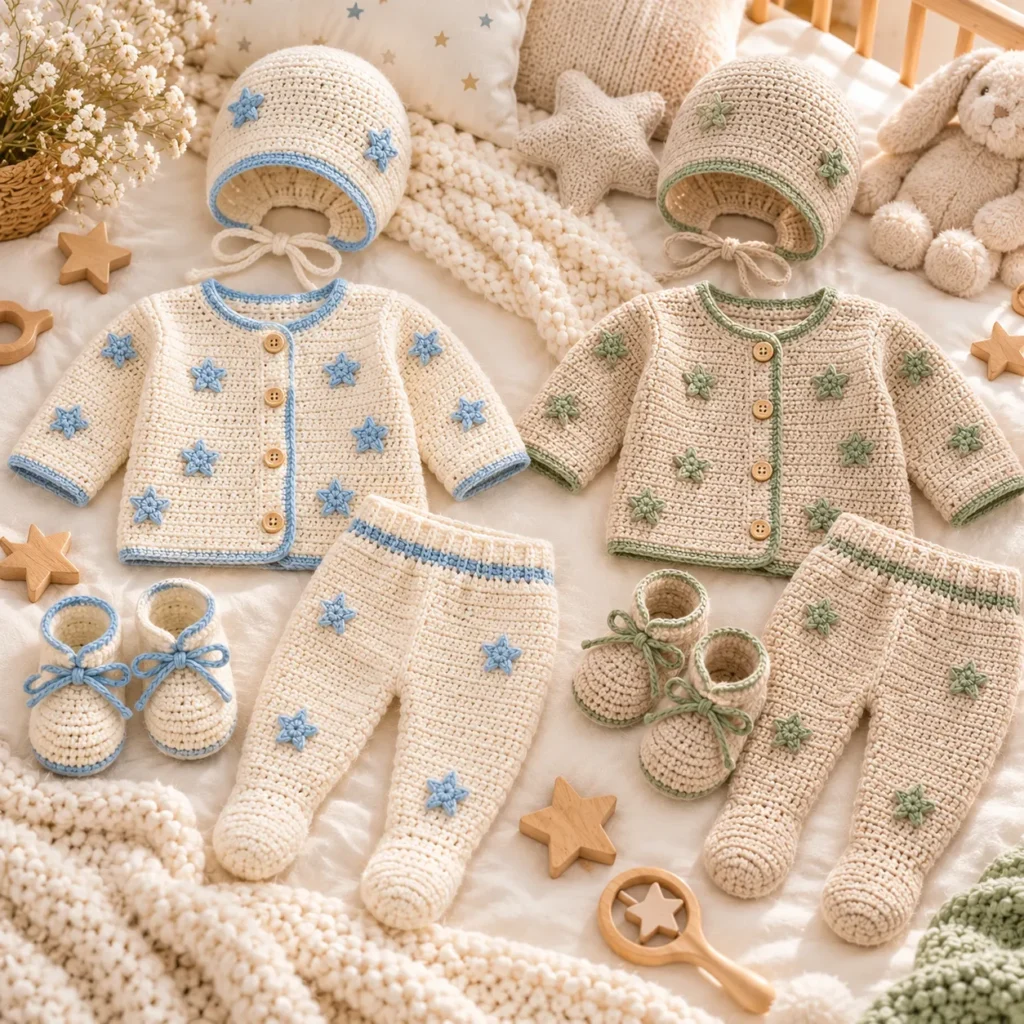 Finished Blue Star Crochet Baby Set with cardigan bonnet pants and booties