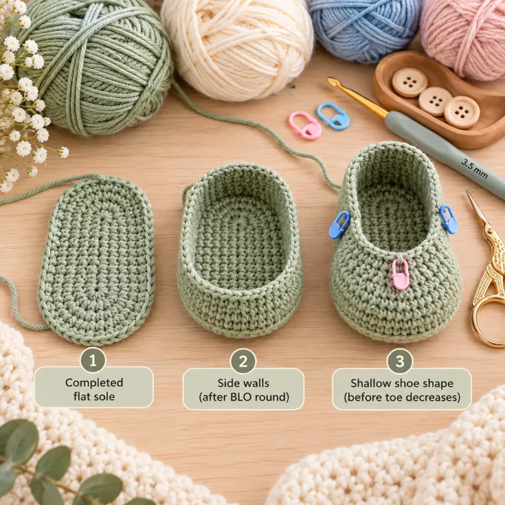Building crochet baby bootie walls from the sole