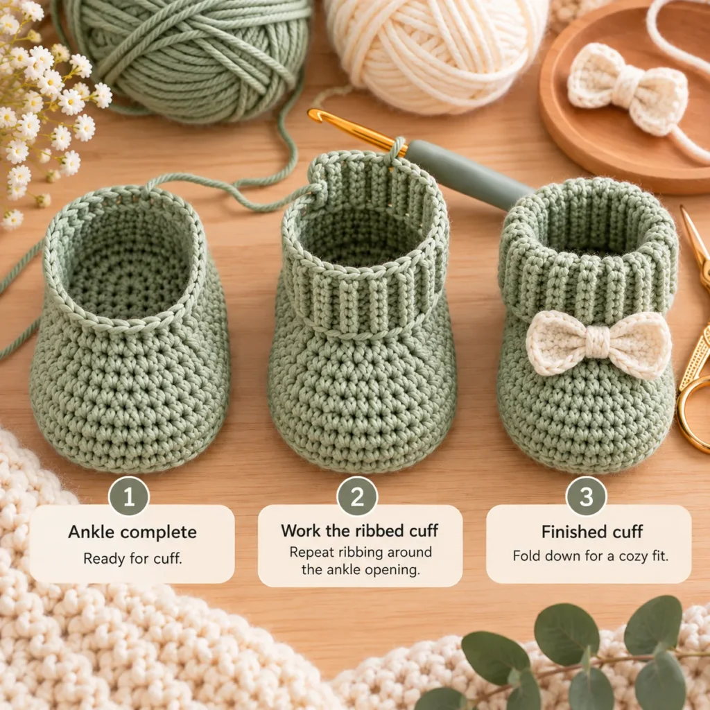 Crochet baby bootie ribbed cuff tutorial