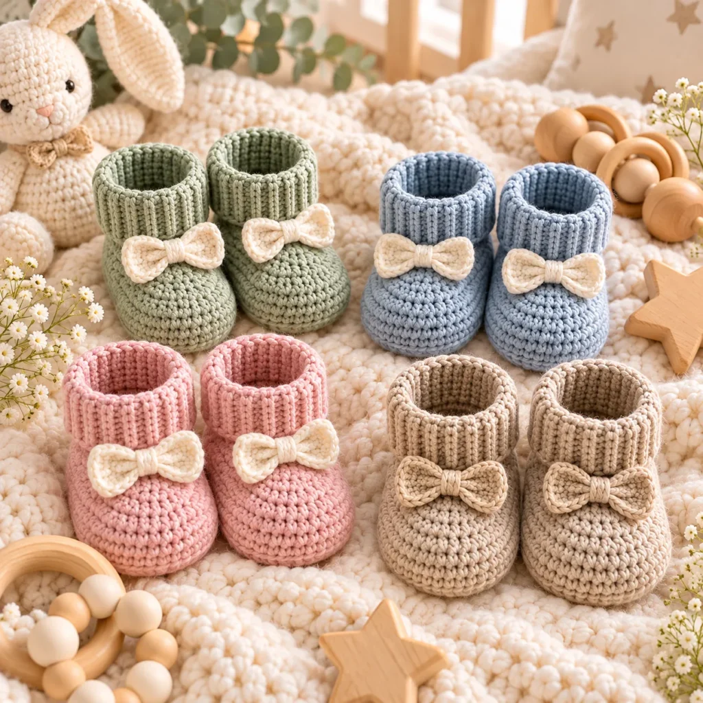 Finished crochet baby booties in sage blue blush and oatmeal