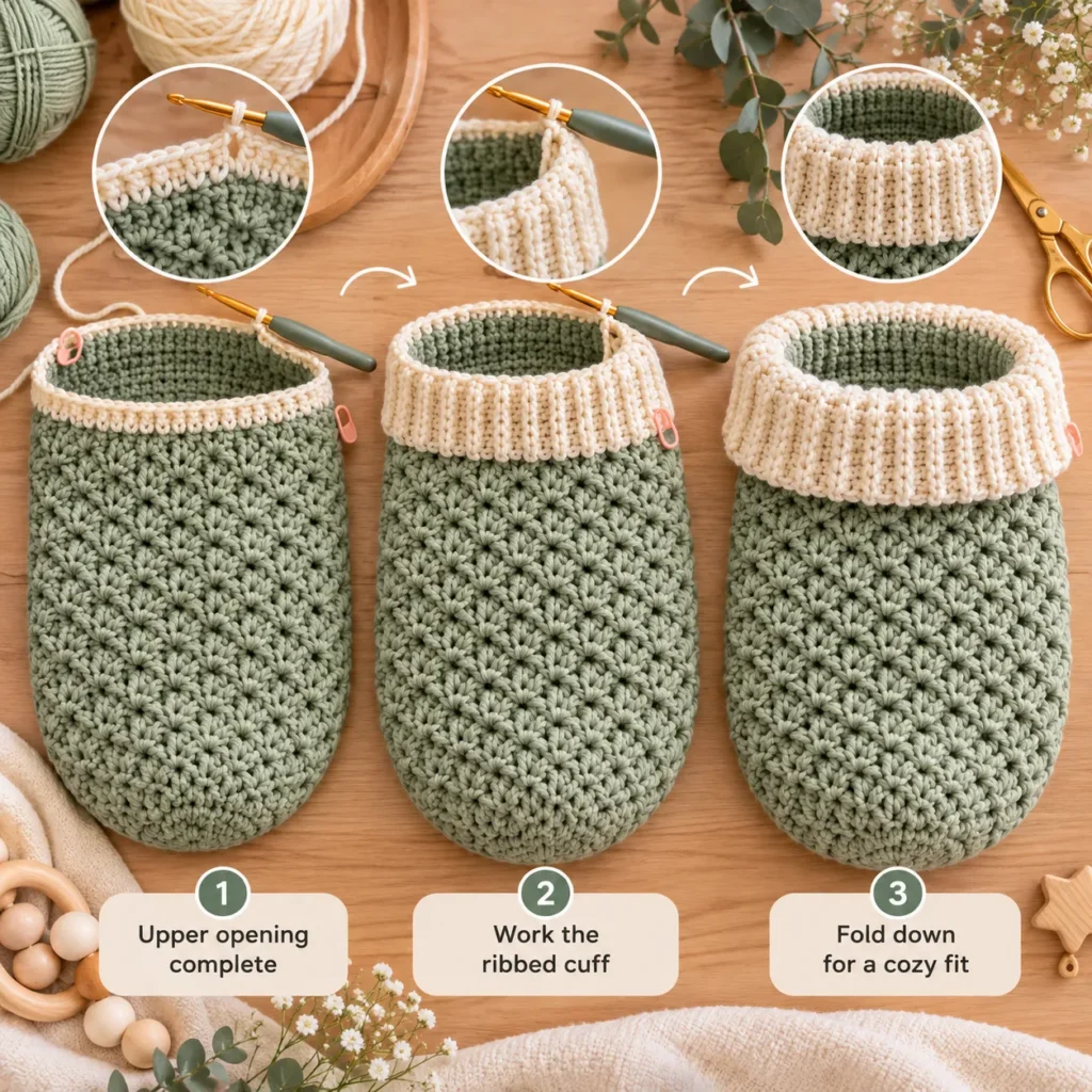 Crochet Baby Cocoon ribbed fold-over opening tutorial