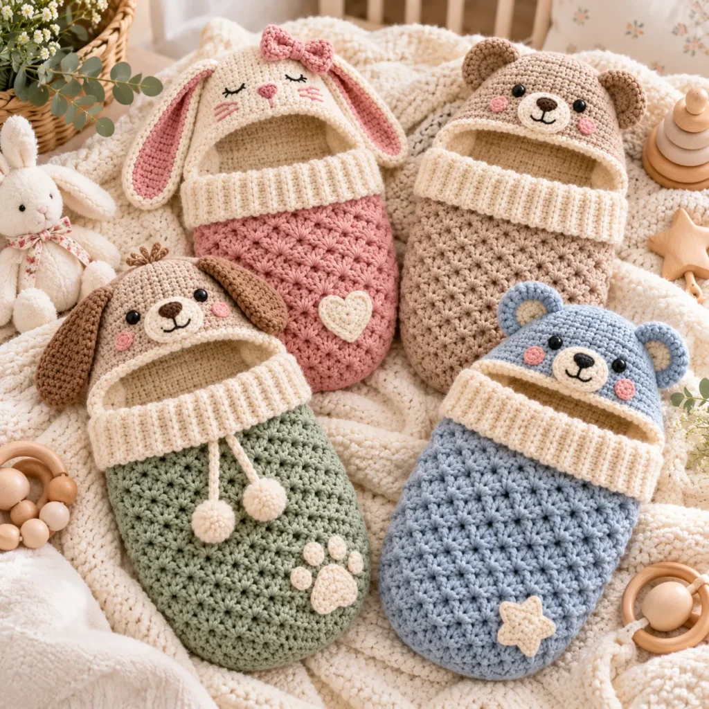 Finished Crochet Baby Cocoon patterns in sage rose oatmeal and blue