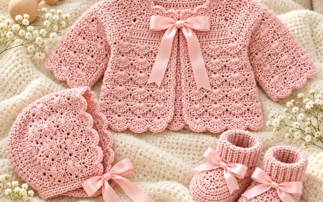 Soft Pink Shell Stitch Baby Set – Cardigan, Bonnet & Booties Crochet Guide