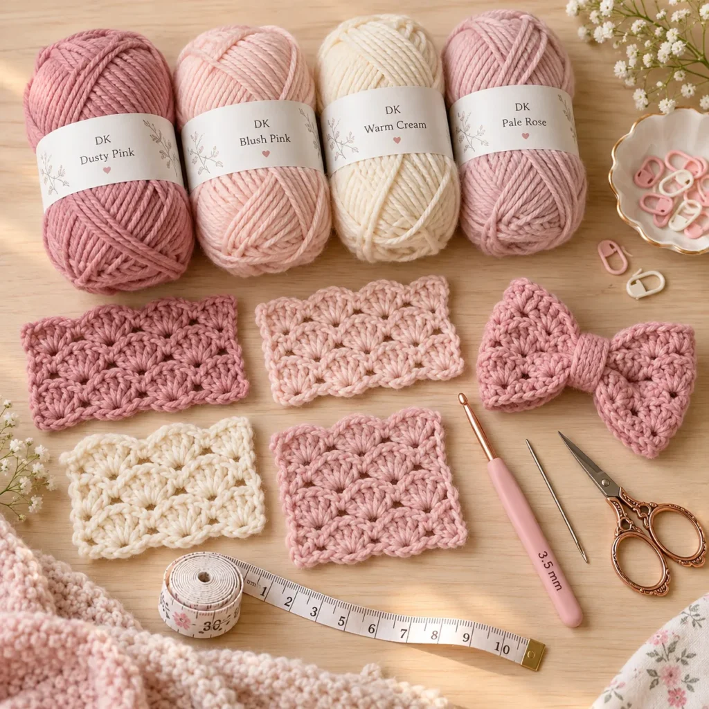 Materials for Soft Pink Shell Stitch Baby Set Crochet Pattern