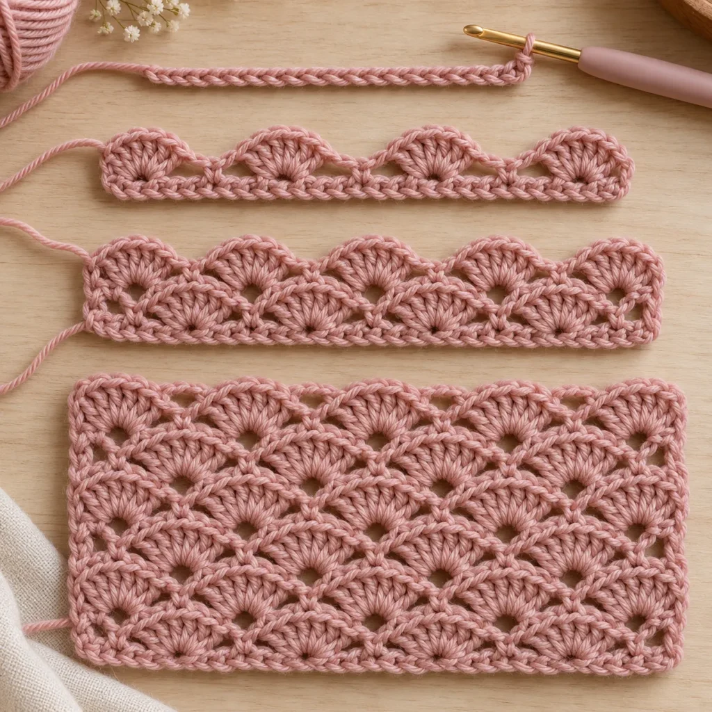 Soft pink crochet shell stitch tutorial for baby clothes