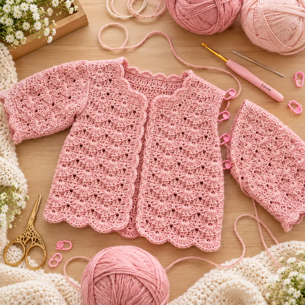 Attaching sleeves to Soft Pink Shell Stitch Baby Cardigan
