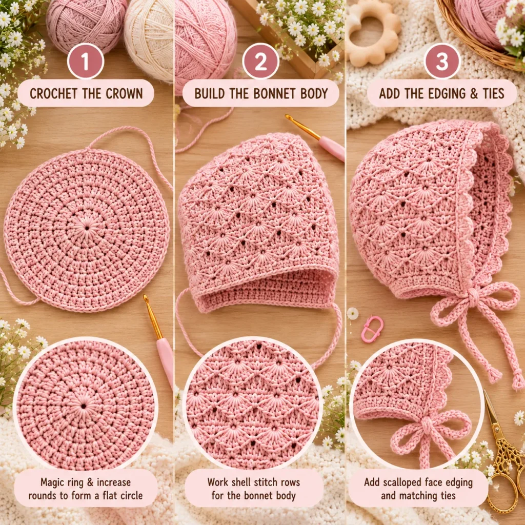 Soft Pink Shell Stitch Baby Bonnet crochet tutorial