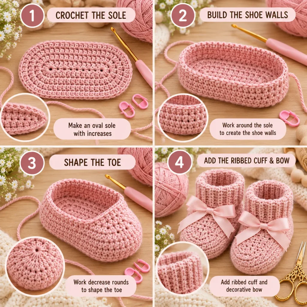 Soft Pink crochet baby booties with ribbed cuff and bow