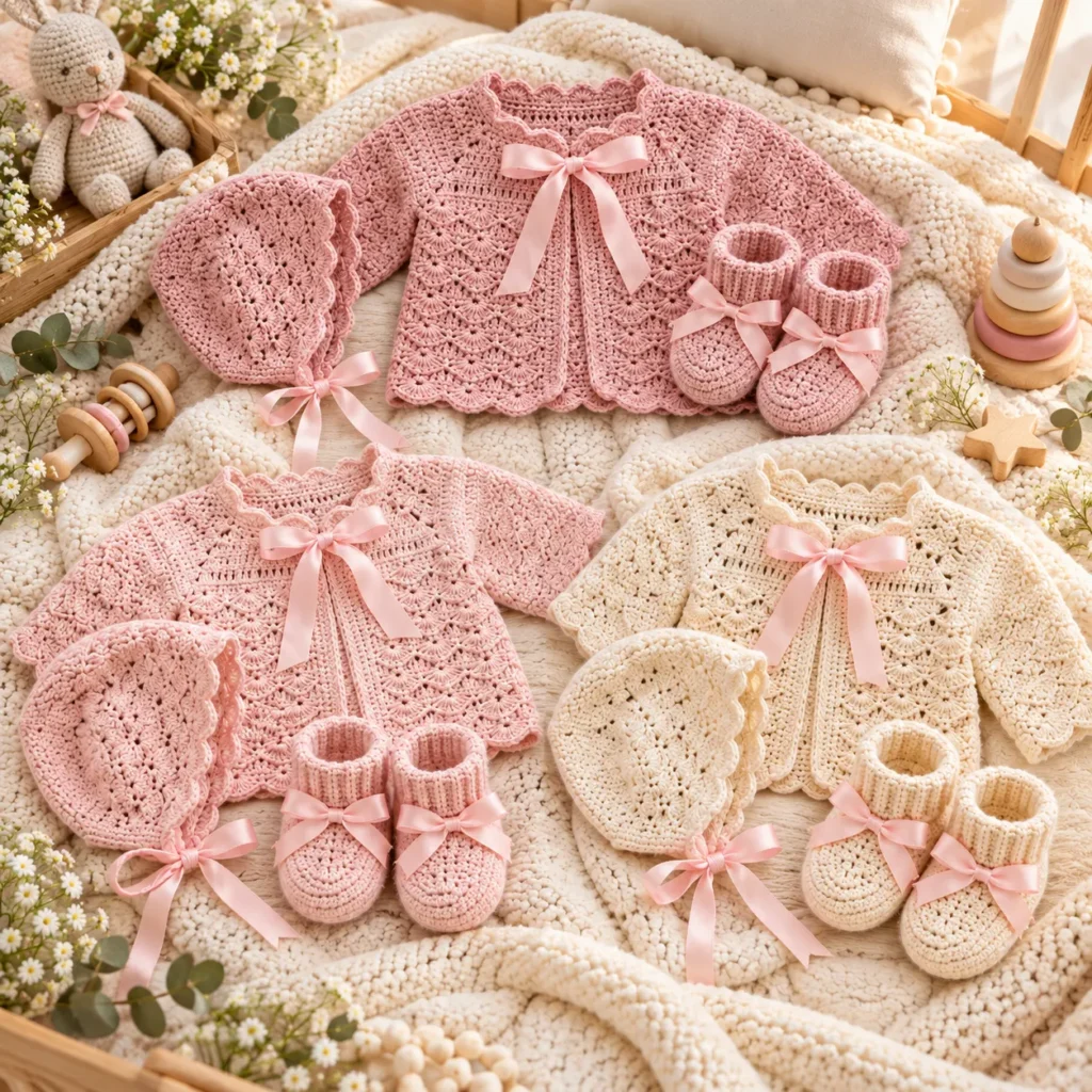 Finished Soft Pink Shell Stitch Baby Set Crochet collection