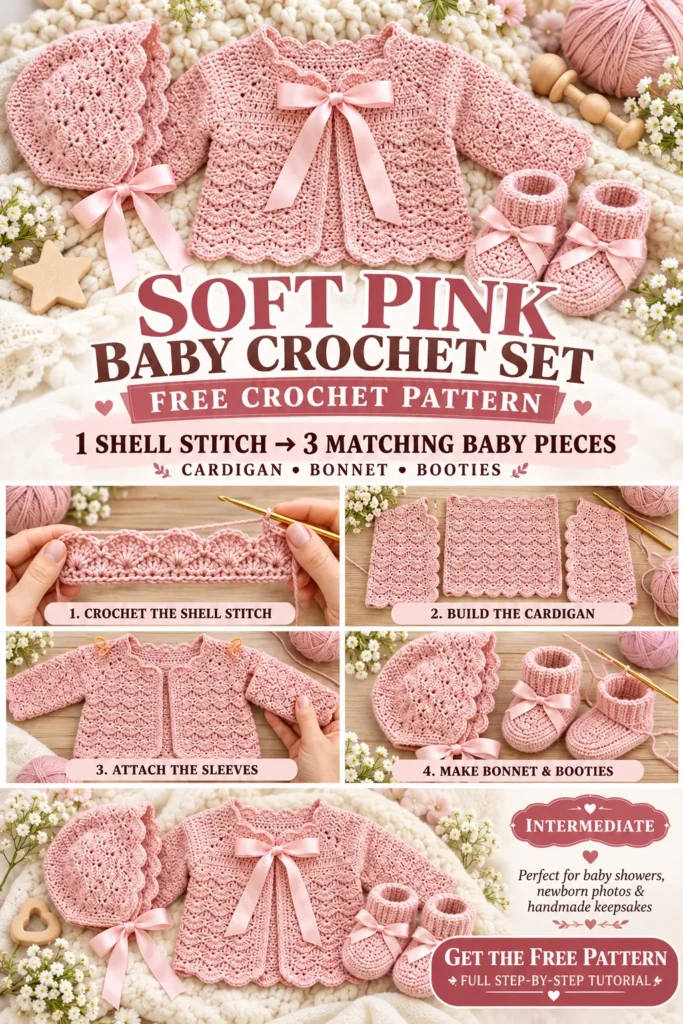 Soft Pink Shell Stitch Baby Set Crochet Pattern Pin