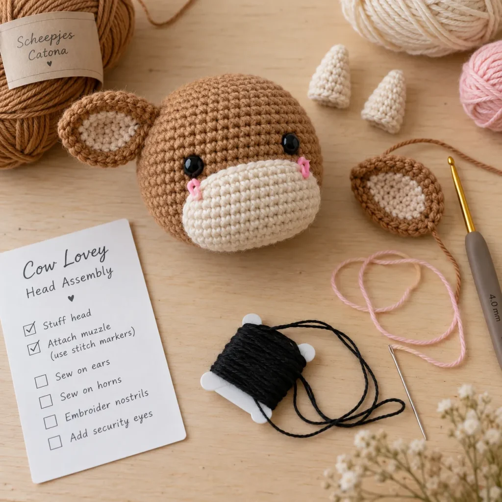 Crochet cow lovey head muzzle ears and horns assembly