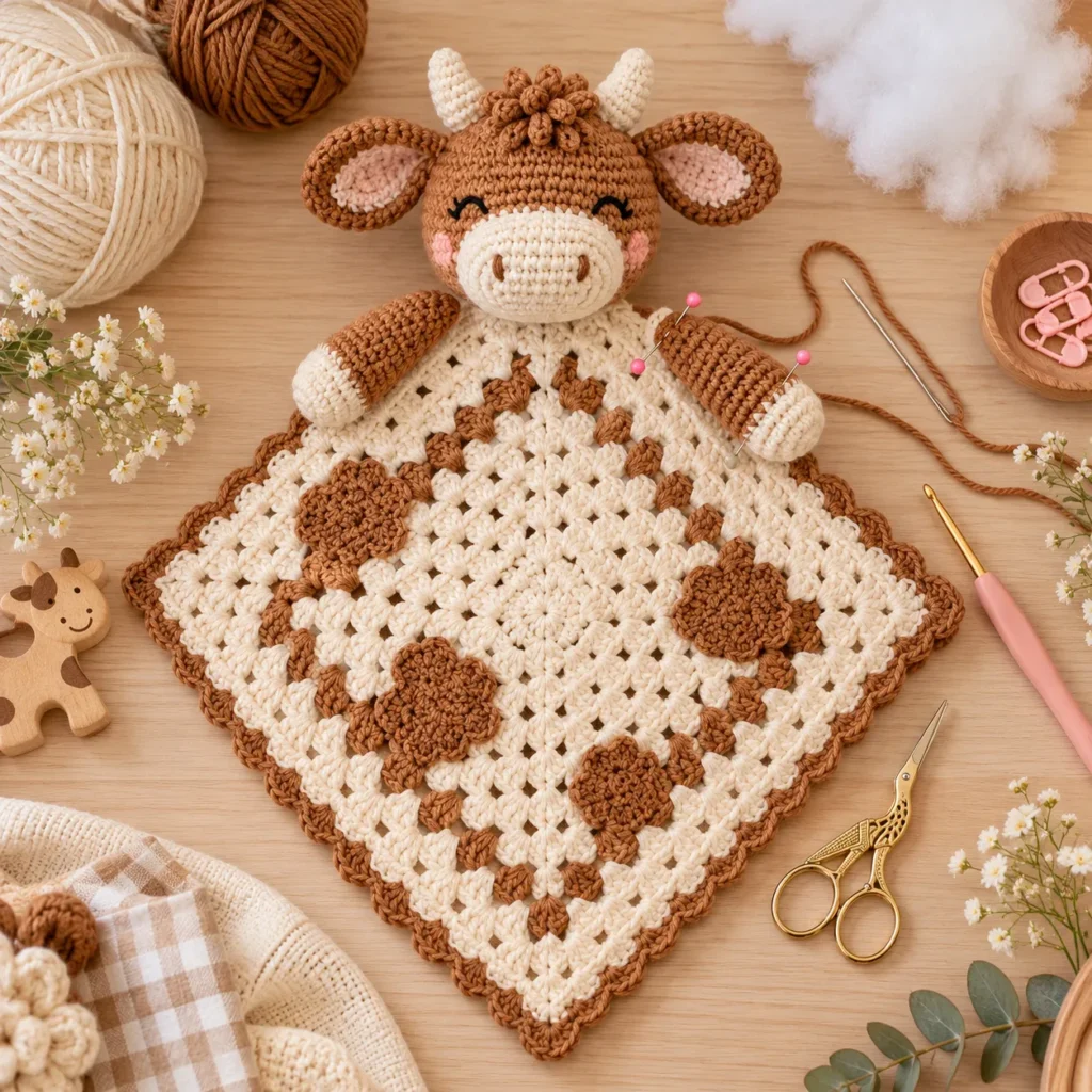 Attaching crochet cow head and arms to lovey blanket