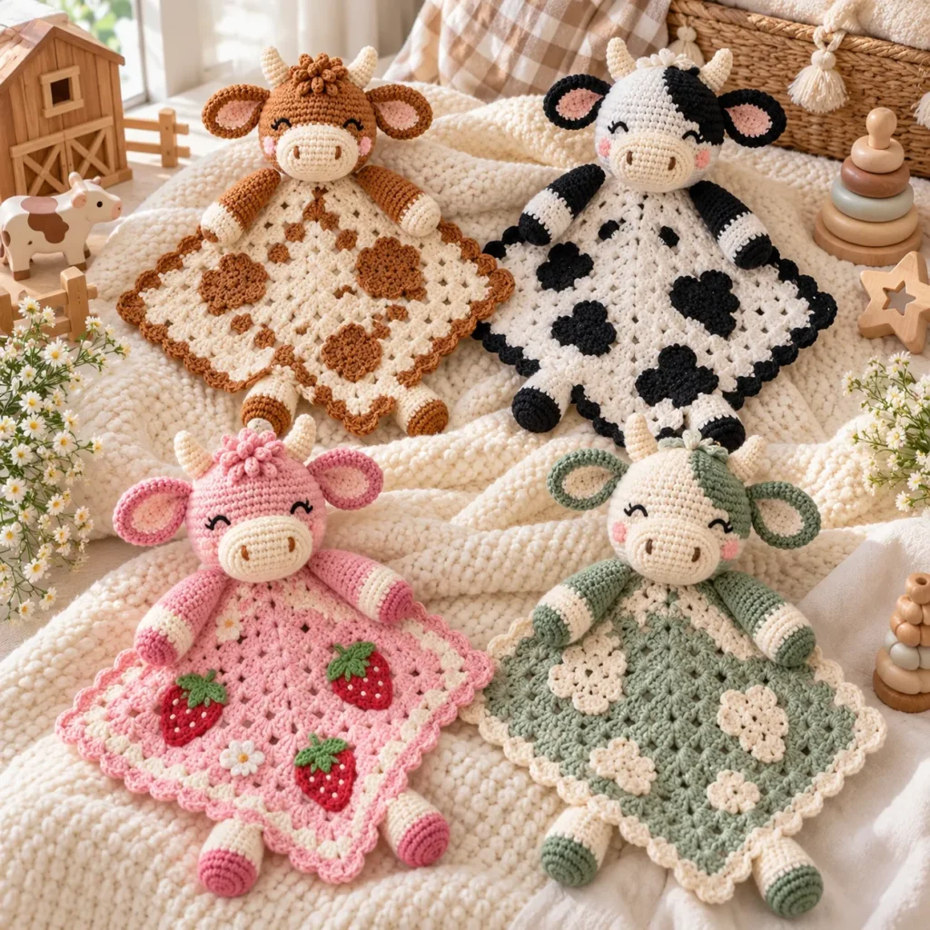 Finished Crochet Cow Lovey Blanket collection in four colorways