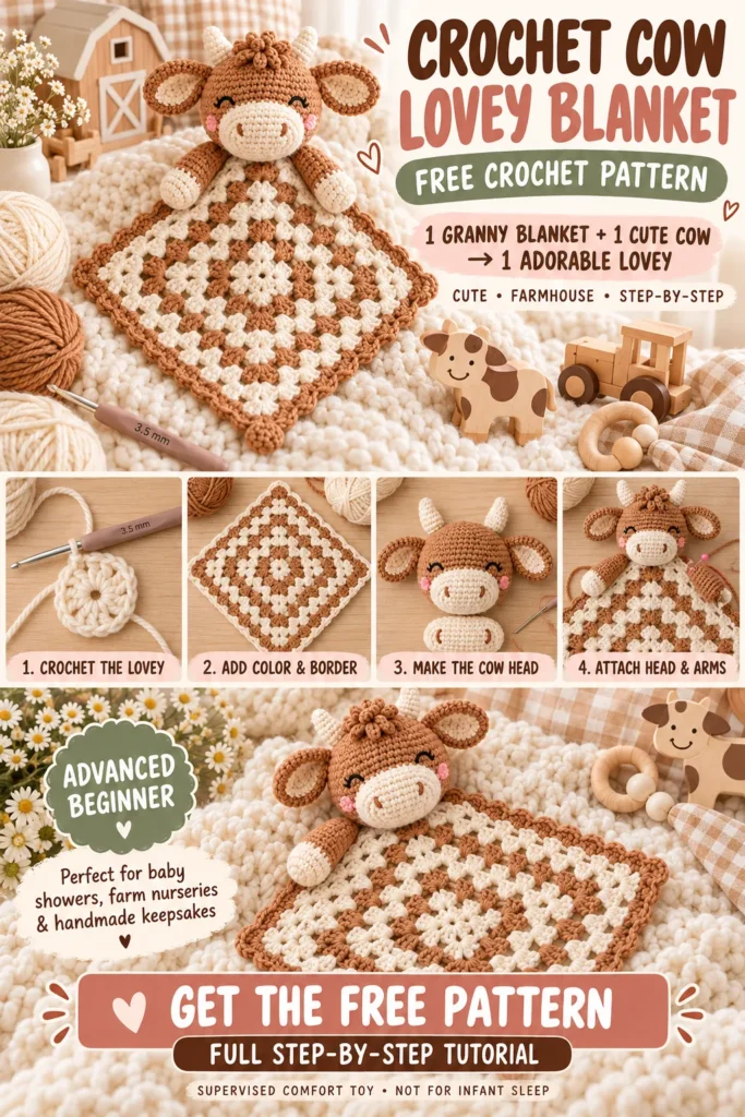 Crochet Cow Lovey Blanket Pattern Pin