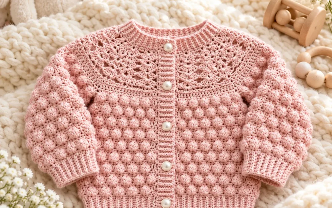 Blush Pink Bobble Baby Cardigan Crochet – Free Baby Sweater Pattern