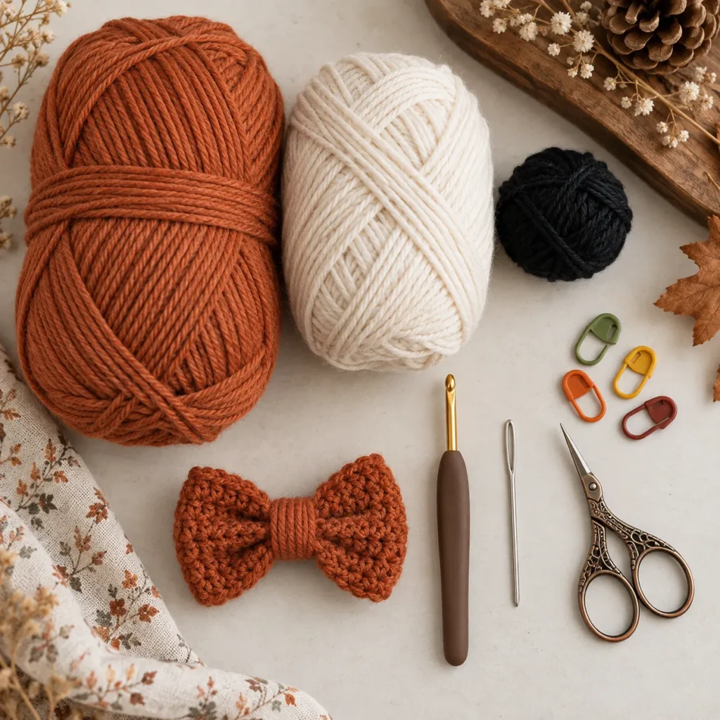 Materials for crocheting a rust orange Fox Pinafore Baby Dress