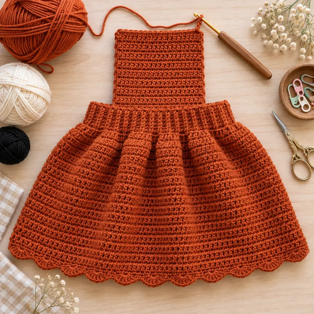 Fox Pinafore Baby Dress crochet construction with waistband skirt and front bib