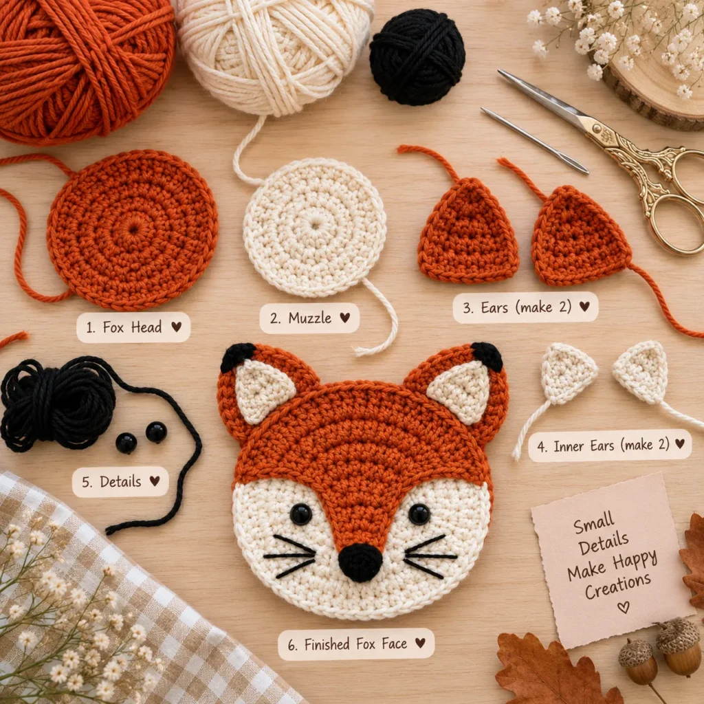 Crochet fox face appliqué pieces for Fox Pinafore Baby Dress