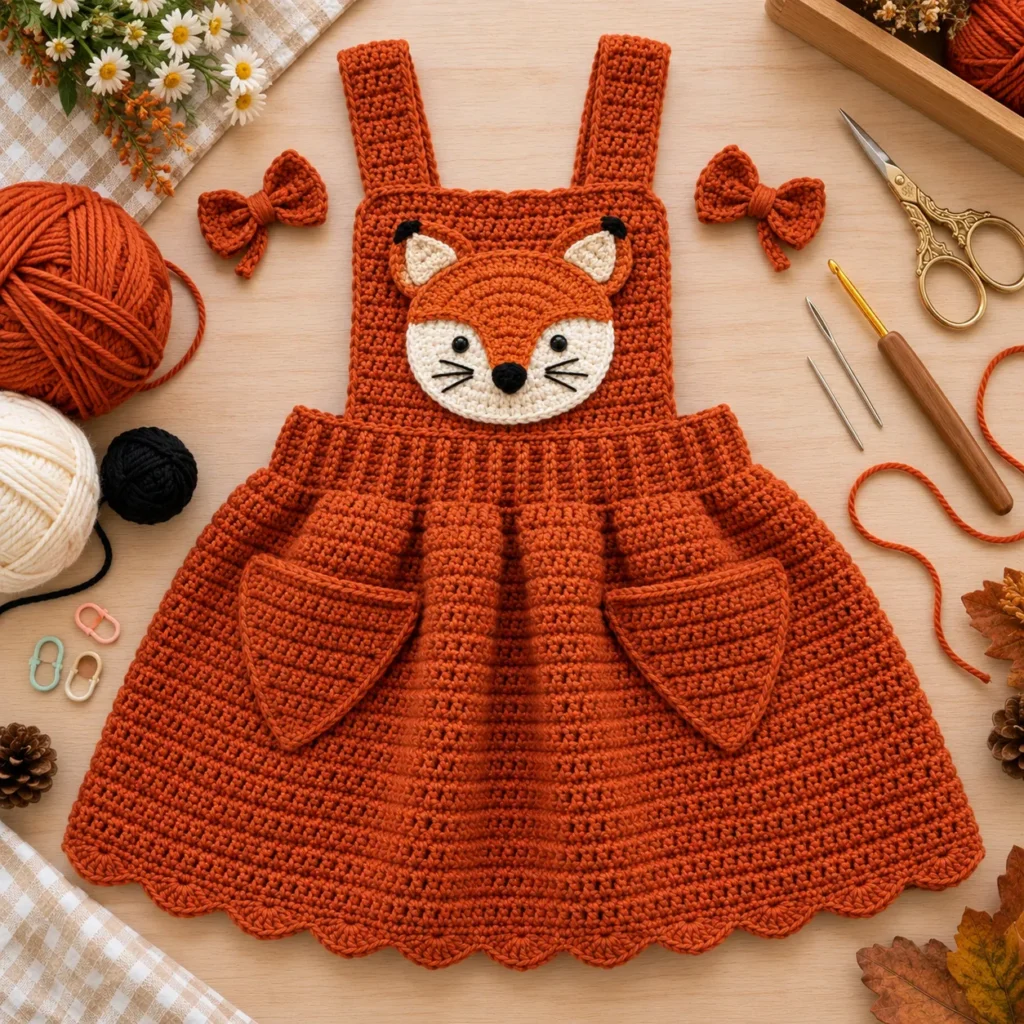 Assembly of crochet Fox Pinafore Baby Dress with straps pockets bows and fox appliqué