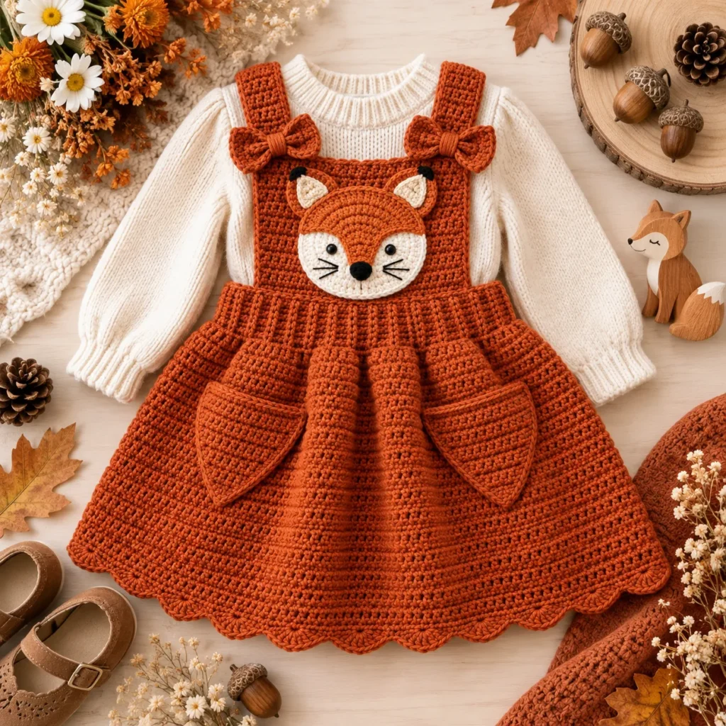 Finished rust orange crochet Fox Pinafore Baby Dress with cream sweater and autumn styling