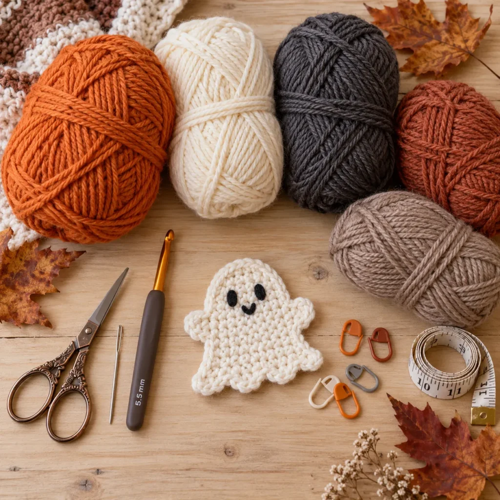 Materials for Fall Crochet Blanket Pattern in autumn colors