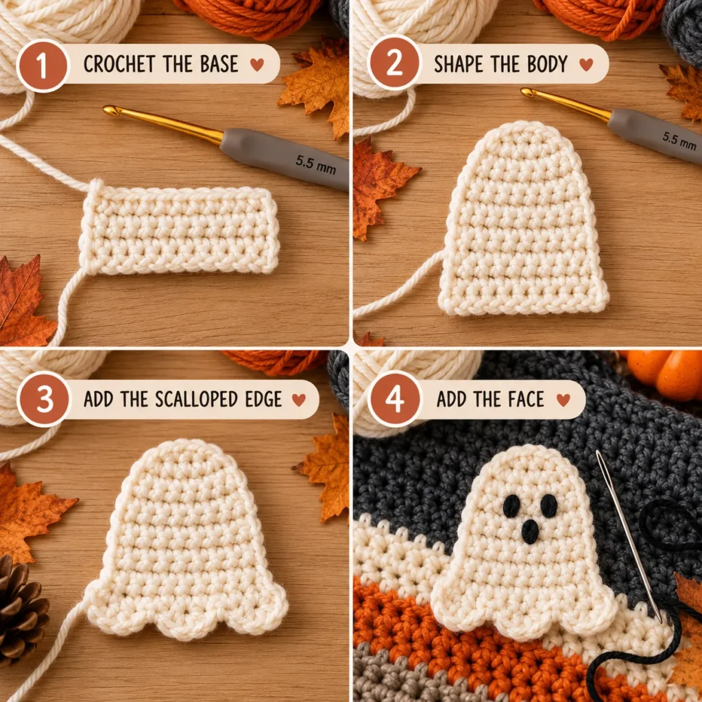 Cream crochet ghost appliqué for fall Halloween blanket
