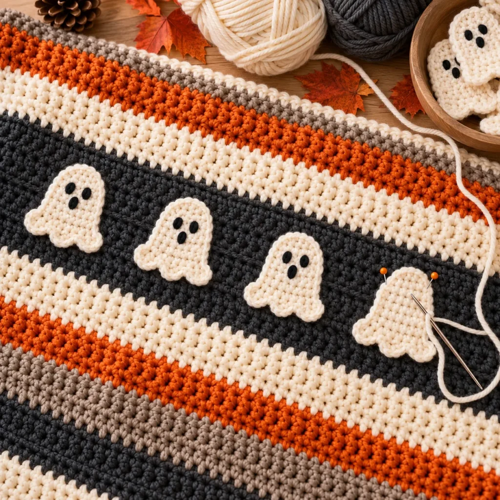 Attaching crochet ghost appliqués to Fall Crochet Blanket